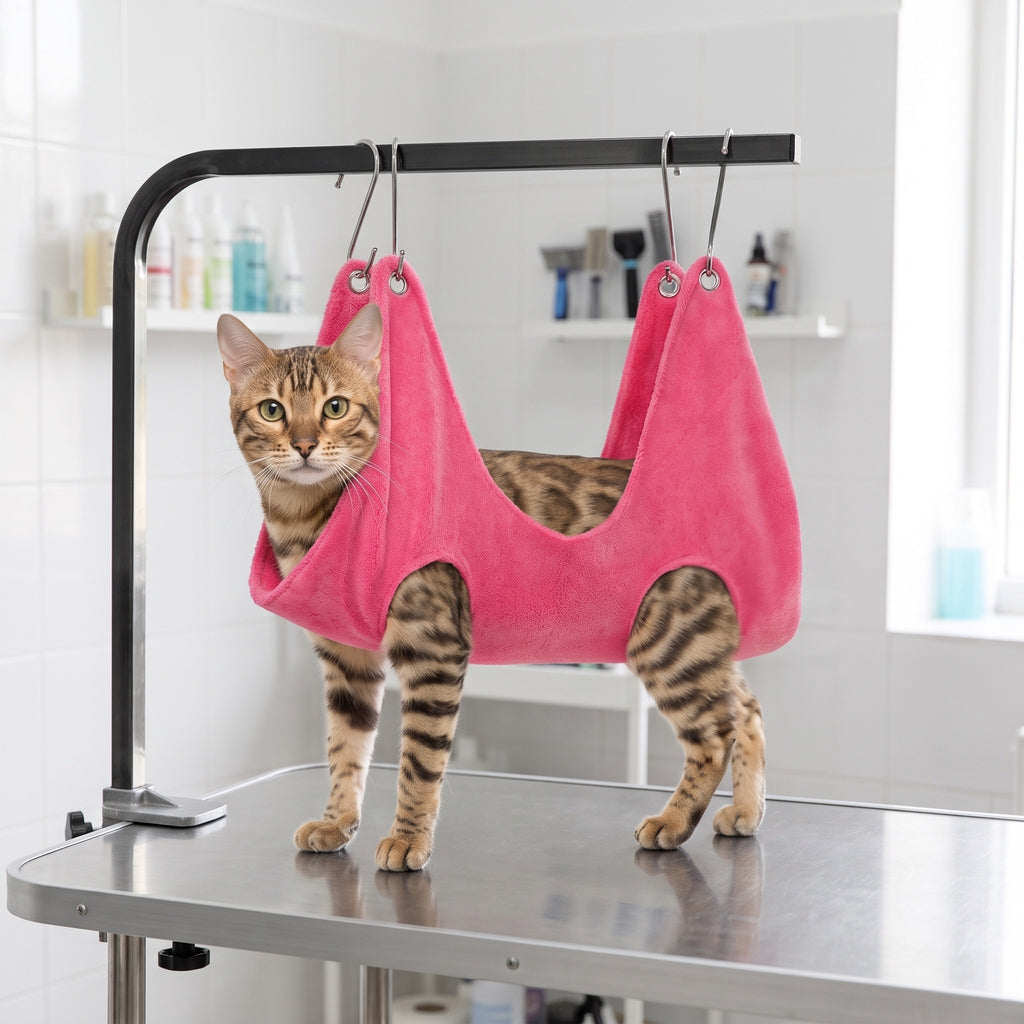 Gatto nell'amaca per toelettatura rosa su un tavolo