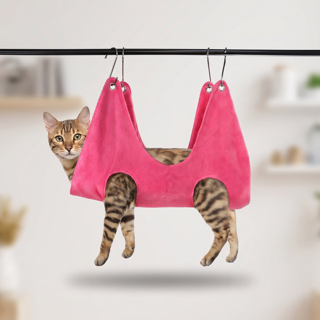 Gatto sospeso nell'amaca per toelettatura rosa