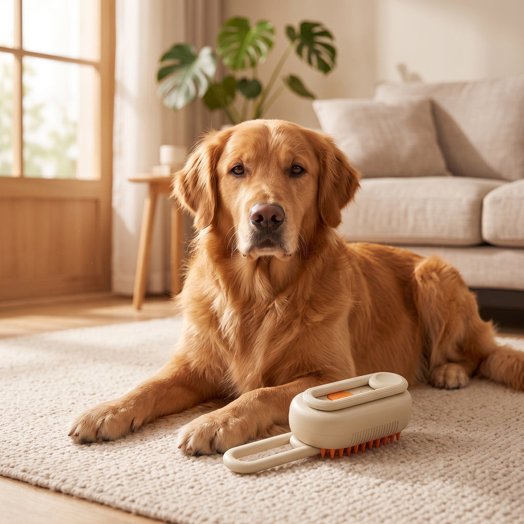 Golden retriever rilassato accanto alla spazzola a vapore
