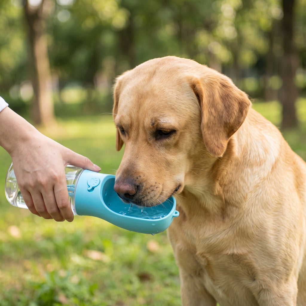 Labrador che beve dalla coppetta della borraccia