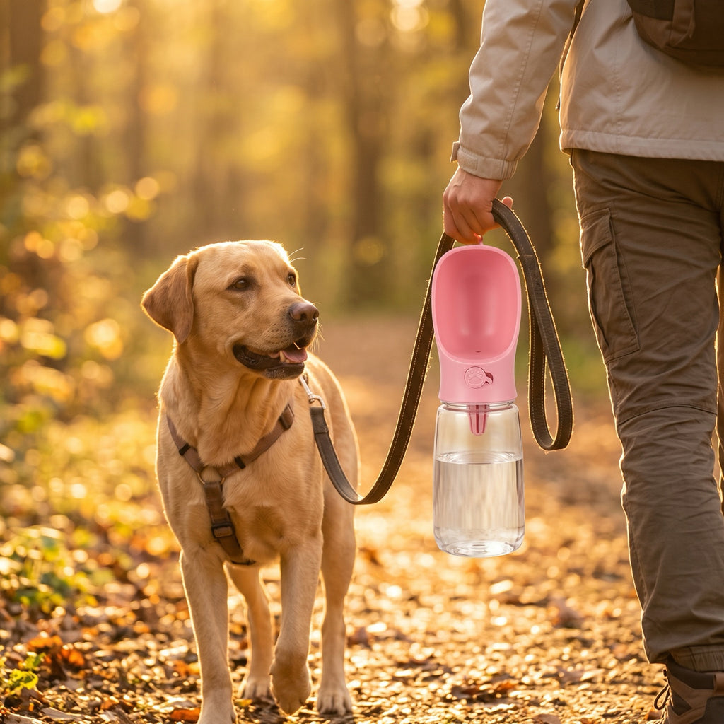 Passeggiata con il cane e borraccia rosa con coppetta