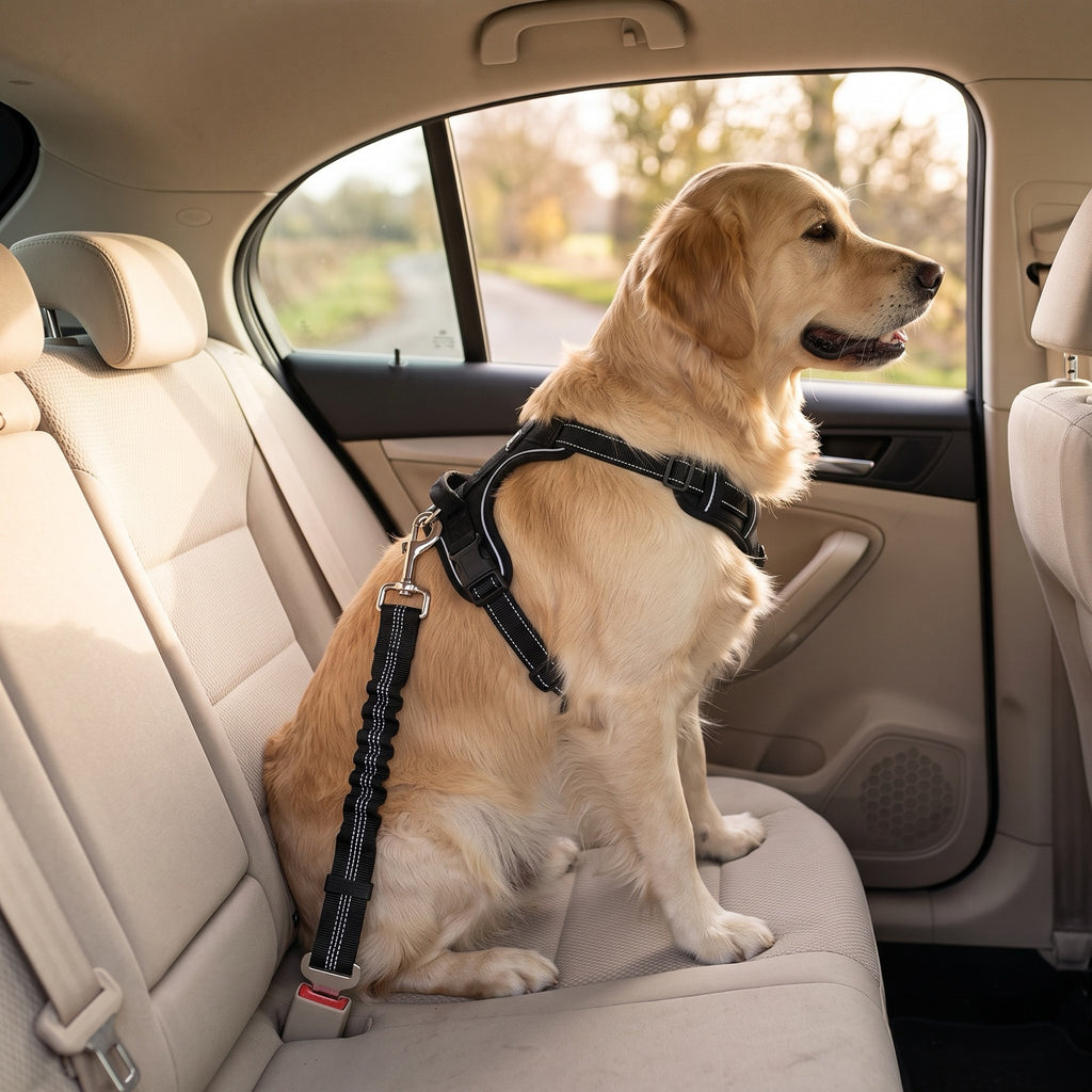 Cane seduto in auto agganciato alla cintura di sicurezza elastica