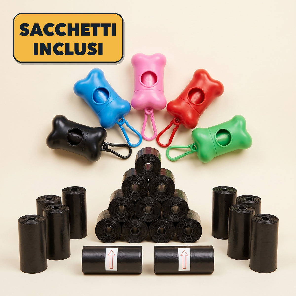 Kit dispenser a osso in cinque colori con rotoli di sacchetti inclusi