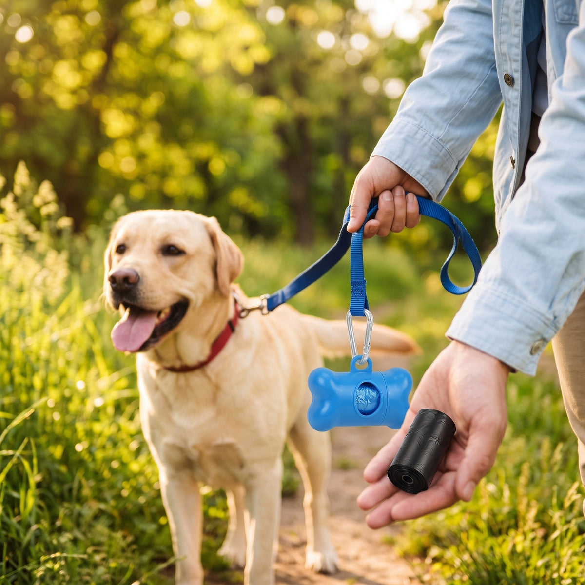 Passeggiata con il cane e dispenser a osso agganciato al guinzaglio