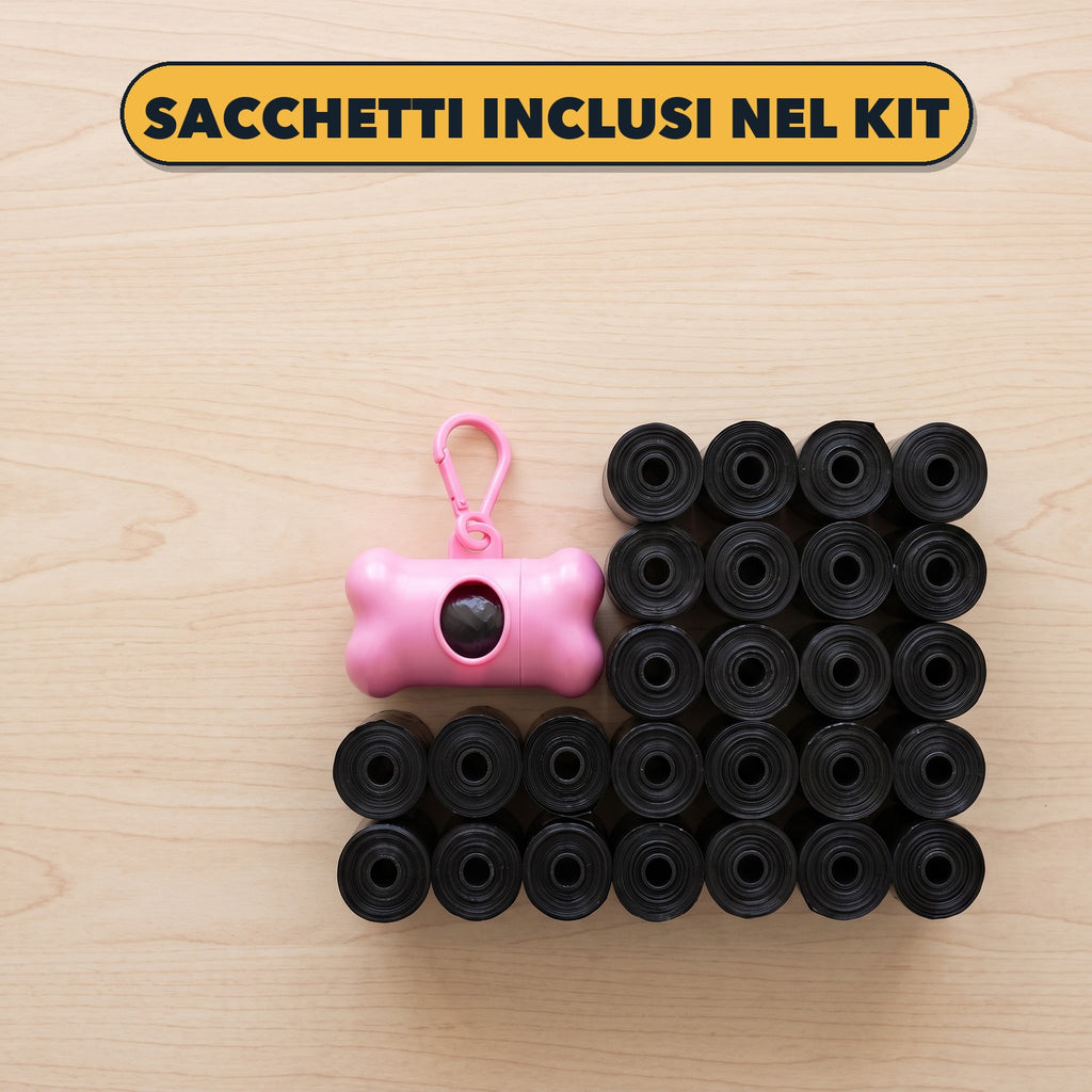 Dispenser a osso con tanti rotoli di sacchetti inclusi nel kit