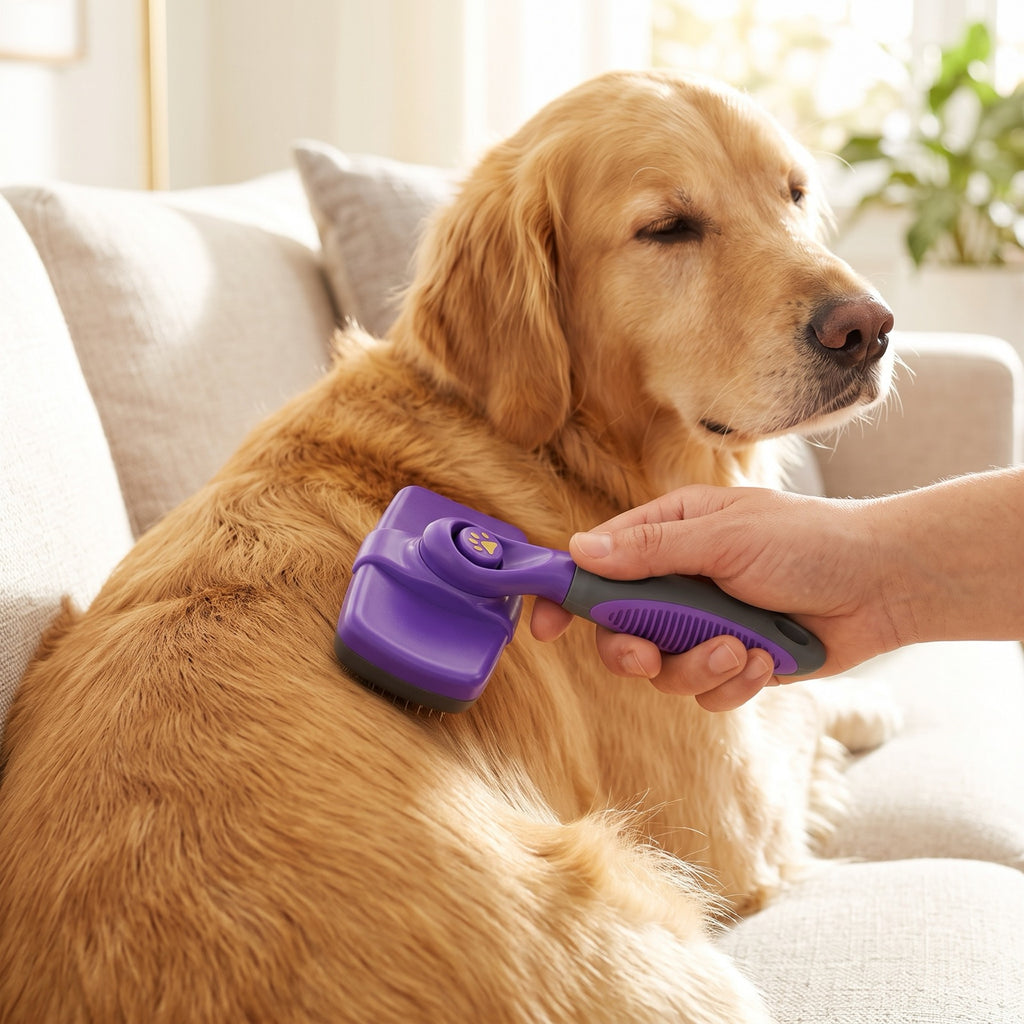 Spazzolatura di un golden retriever con la spazzola autopulente