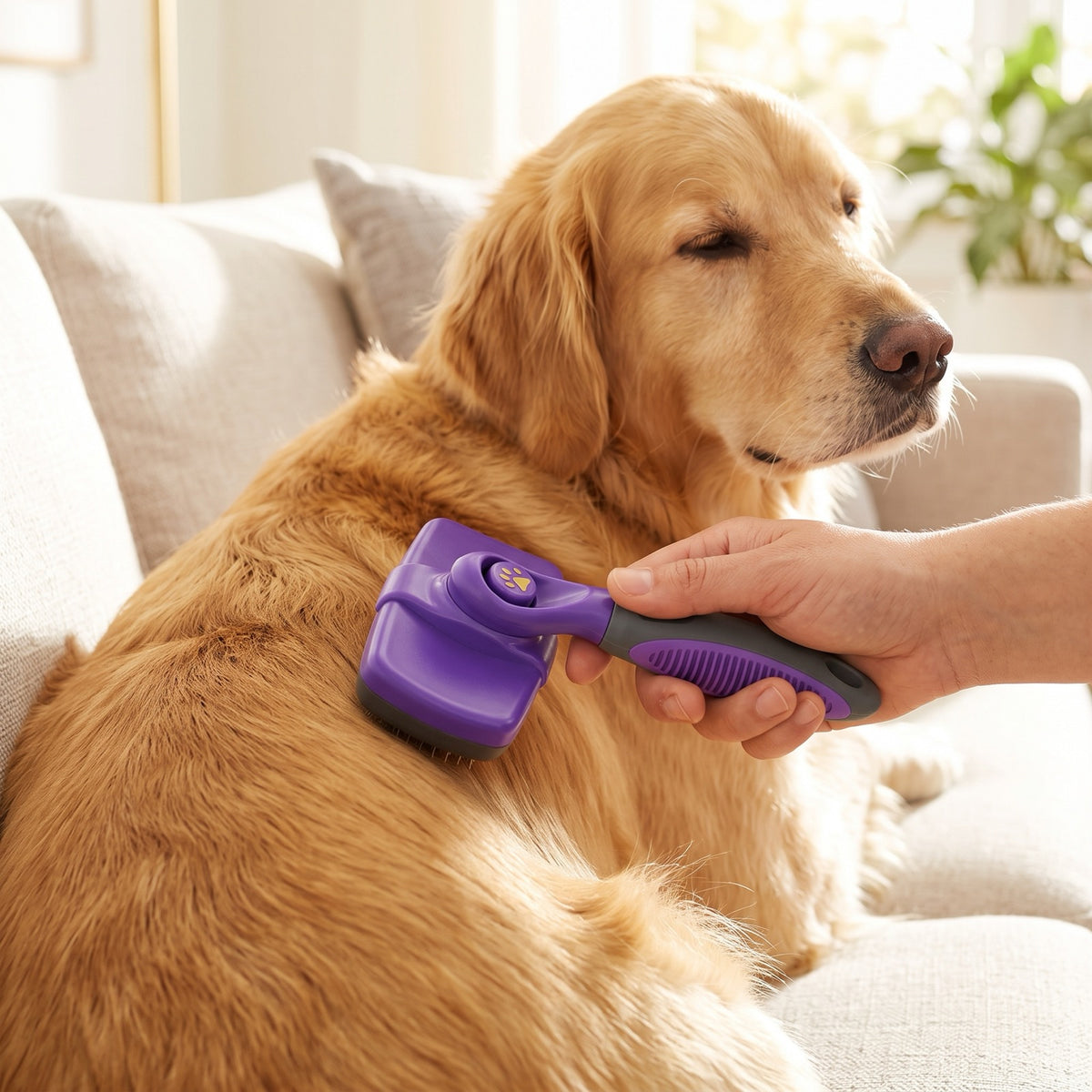 Spazzolatura di un golden retriever con la spazzola autopulente